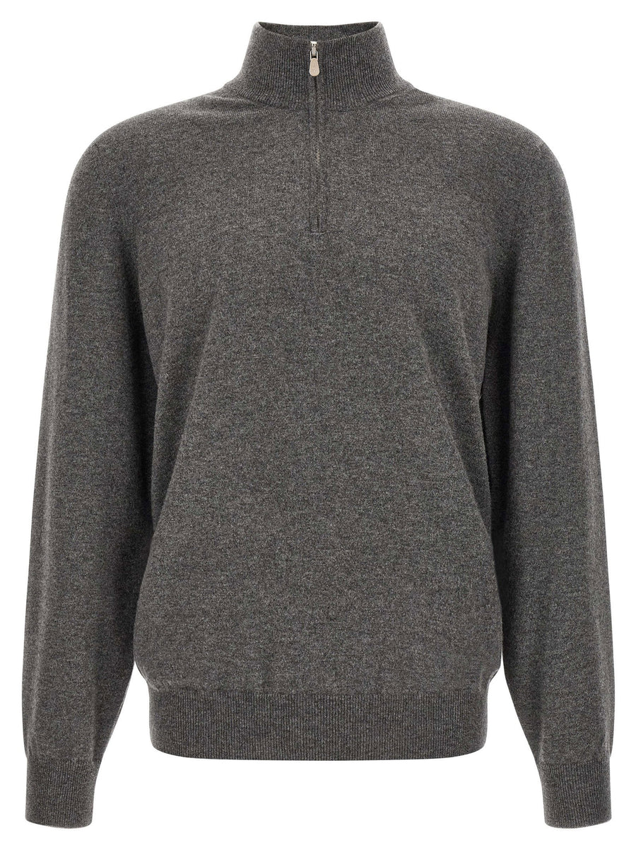 Brunello Cucinelli Pure Cashmere Half-Zip Sweater — Gray