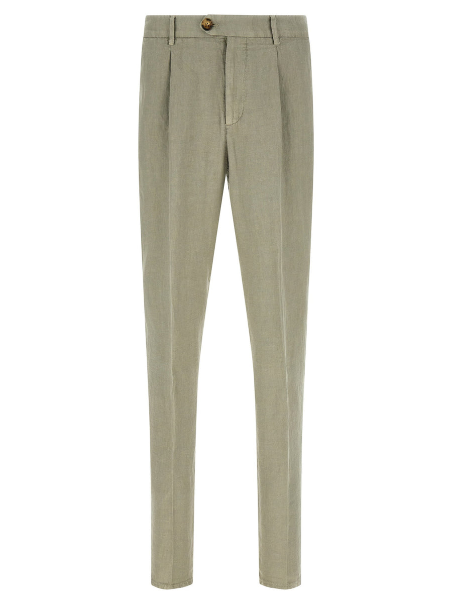 Brunello Cucinelli Garment-Dyed Linen Gabardine Trousers — Green