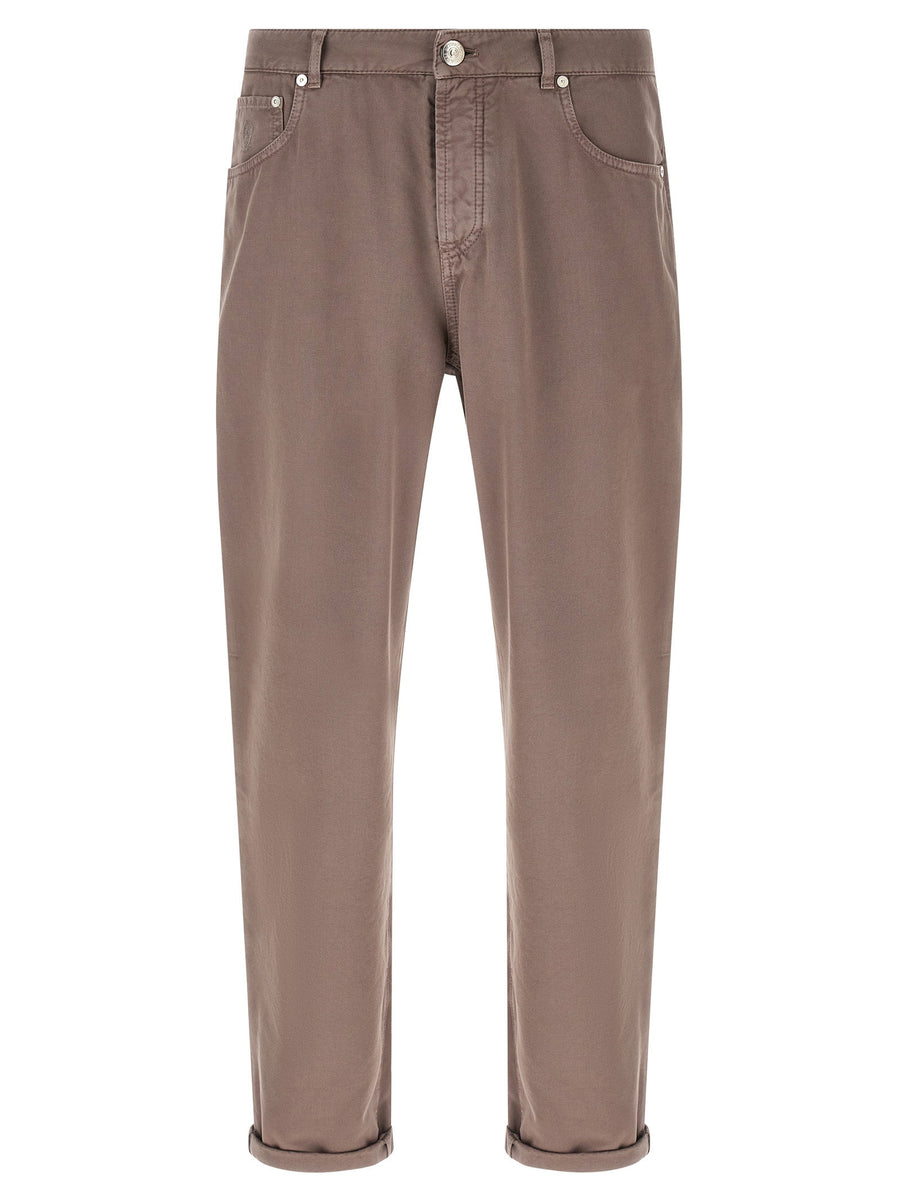 Brunello Cucinelli Garment-Dyed Cotton Trousers — Taupe