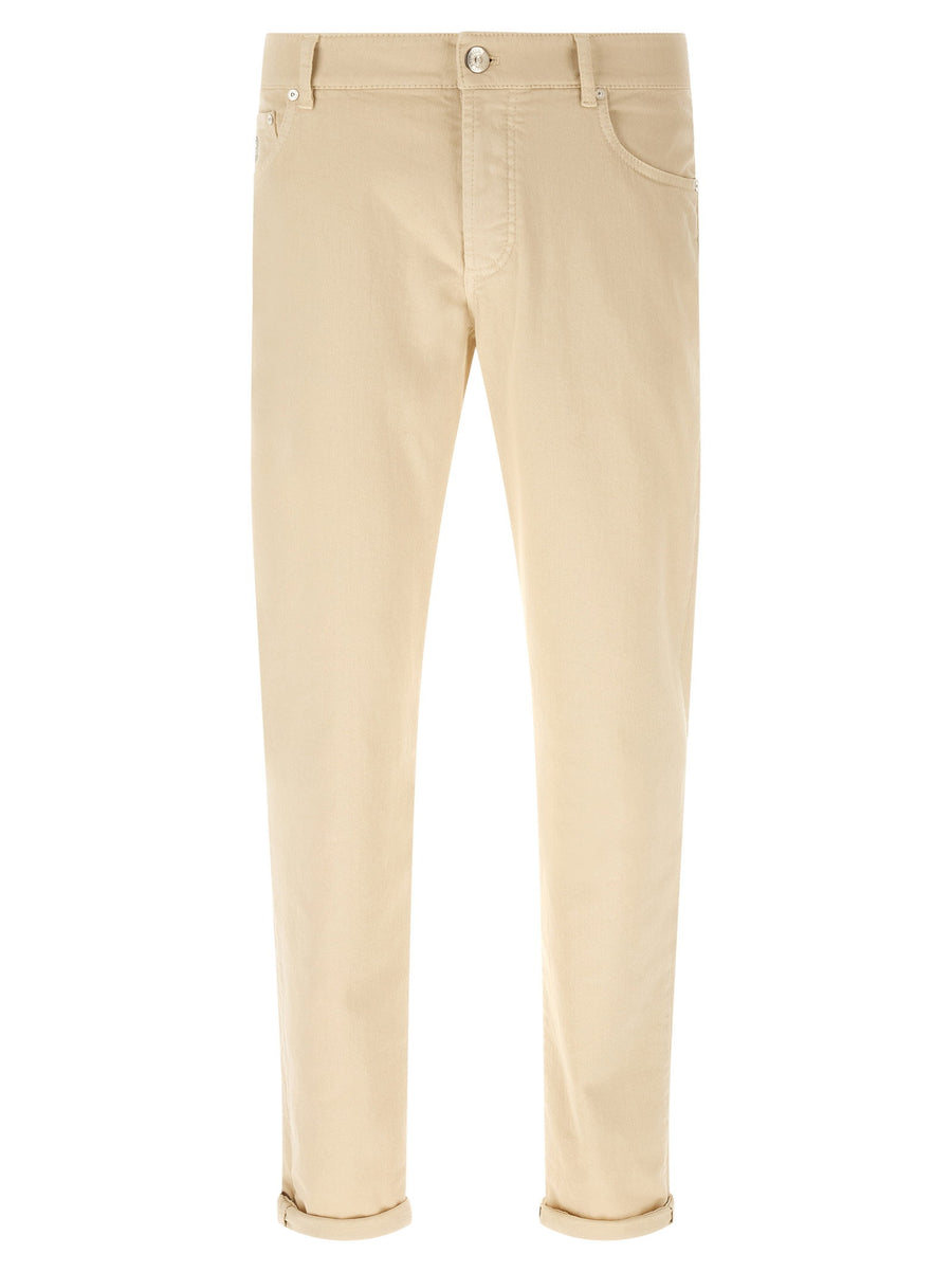 Brunello Cucinelli Logo-Embroidered Denim Jeans — Beige