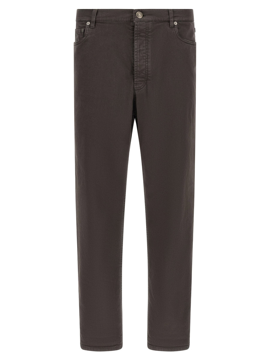 Brunello Cucinelli Garment-Dyed Cotton Jeans — Charcoal Brown