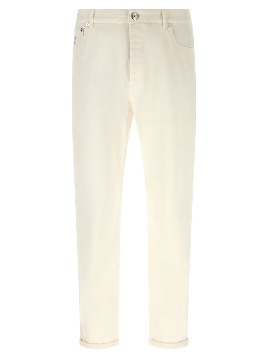 Brunello Cucinelli Logo-Embroidered Cotton Jeans — Beige