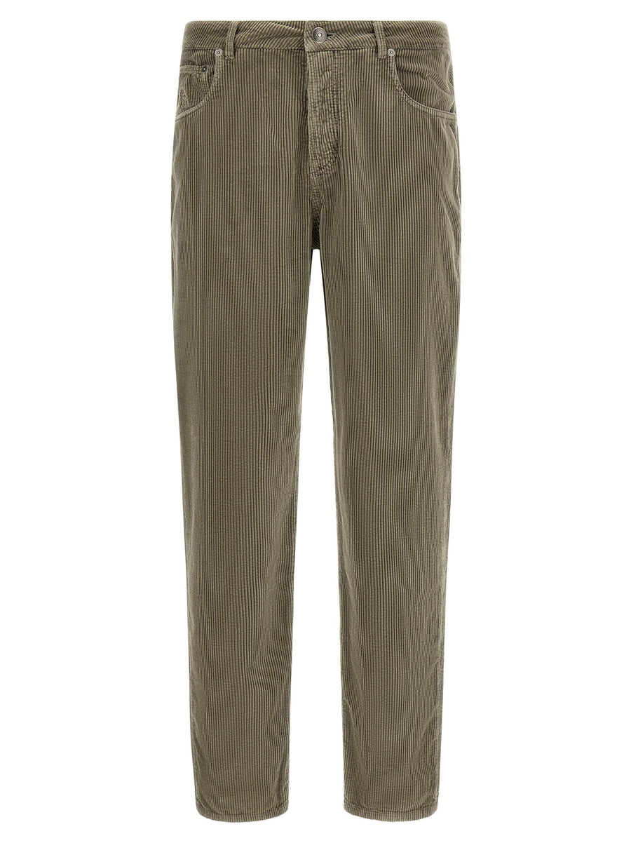Brunello Cucinelli Pure Cotton Corduroy Trousers — Olive Green