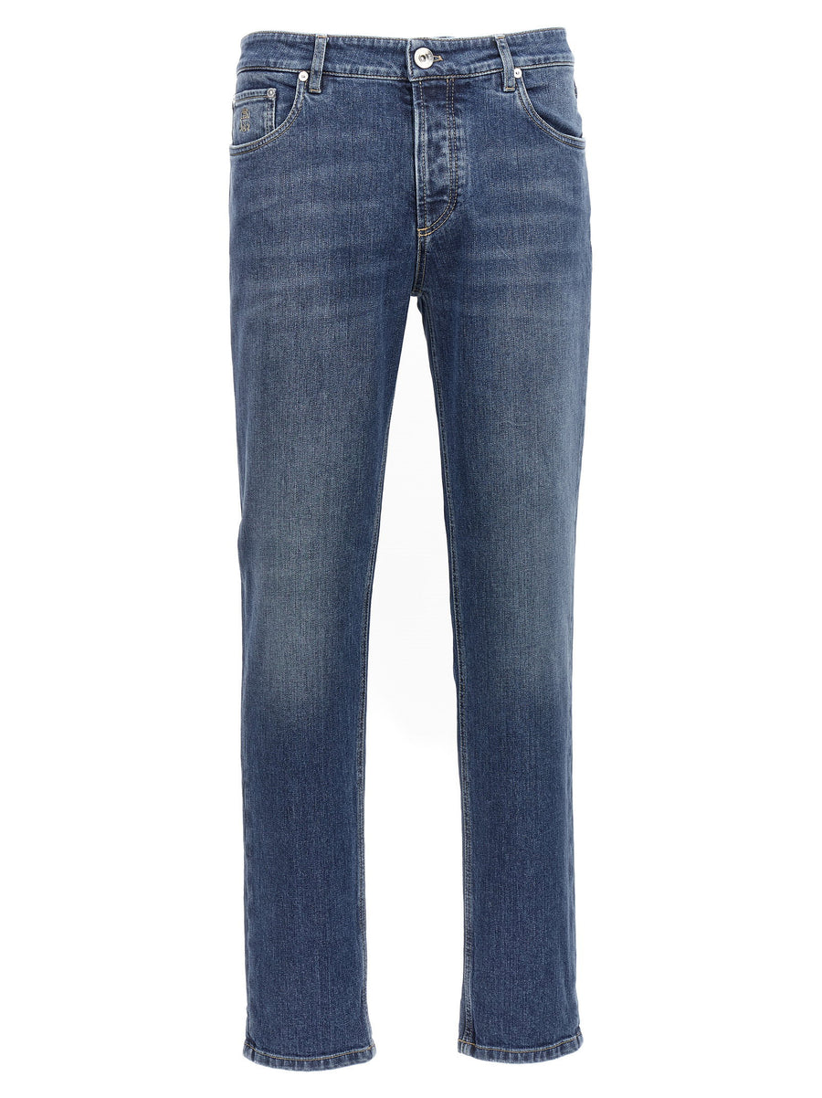 Brunello Cucinelli Logo-Embroidered Stretch Denim Jeans — Blue