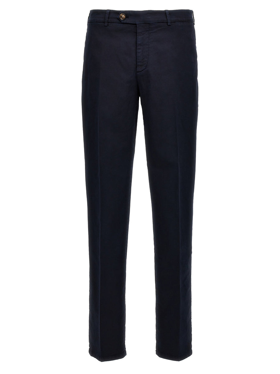 Brunello Cucinelli Flat-Front Cotton Trousers — Navy