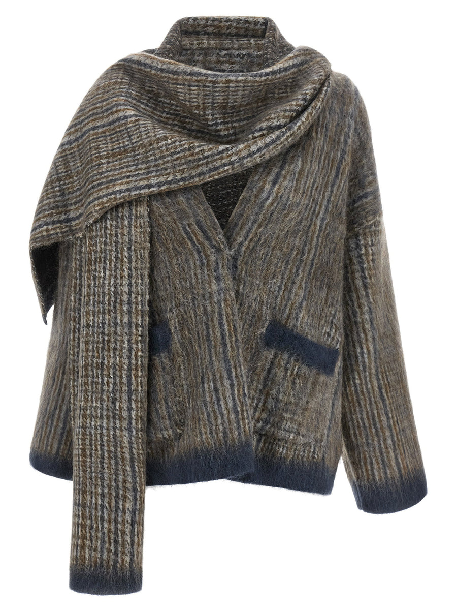 Brunello Cucinelli Prince of Wales Mohair-Wool Cardigan — Brown