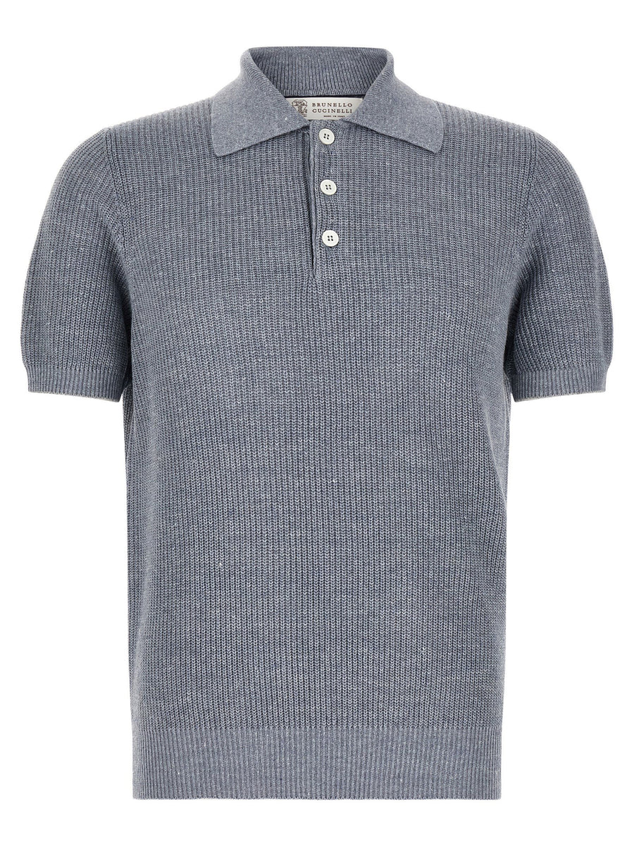 Brunello Cucinelli English Half-Ribbed Linen-Cotton Polo Shirt — gray