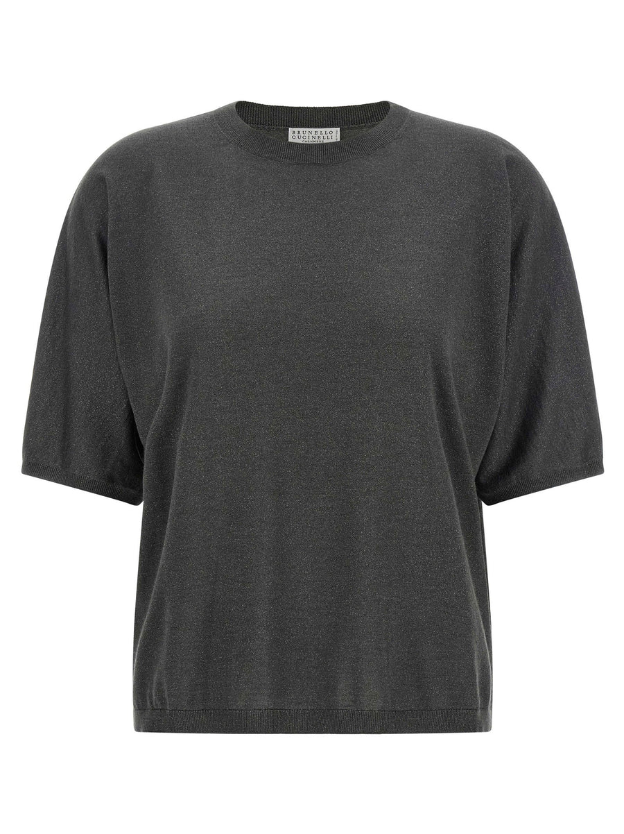 Brunello Cucinelli Lamé Sparkling Cashmere-Silk Sweater — Charcoal