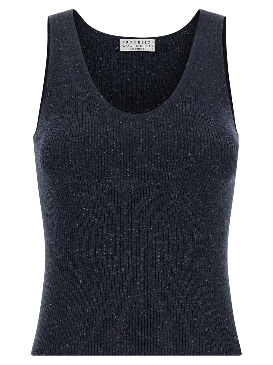 Brunello Cucinelli Sparkling Ribbed Cashmere Tank Top — Charcoal