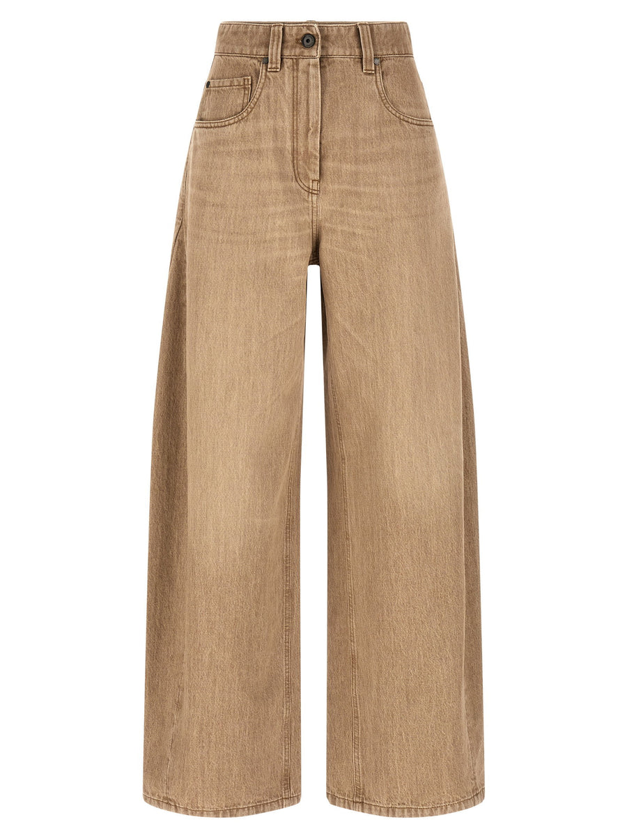 Brunello Cucinelli Wide-Leg Vintage Denim Jeans — Beige