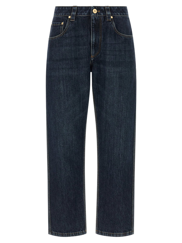 Brunello Cucinelli Contrast-Stitched Denim Jeans — Navy