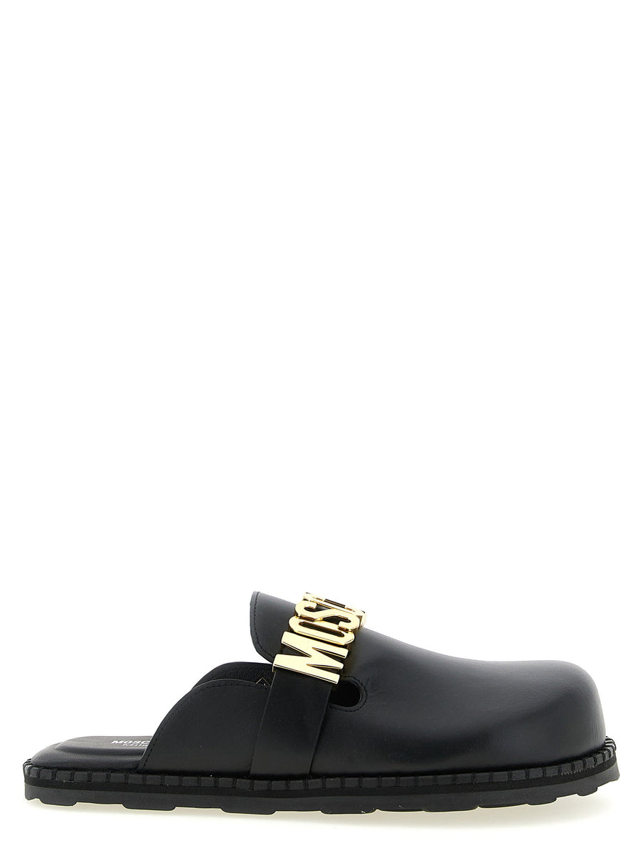 Moschino Metal-Logo Leather Mule — Black