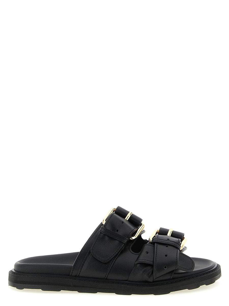 Moschino Double-Strap Calf Leather Sandals — Black