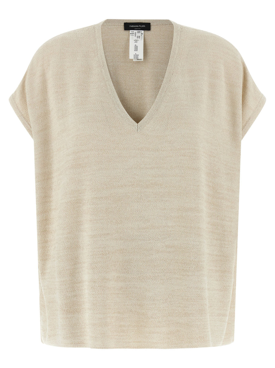 Fabiana Filippi Lamé Thread Cotton-Viscose Blend Sweater — Beige