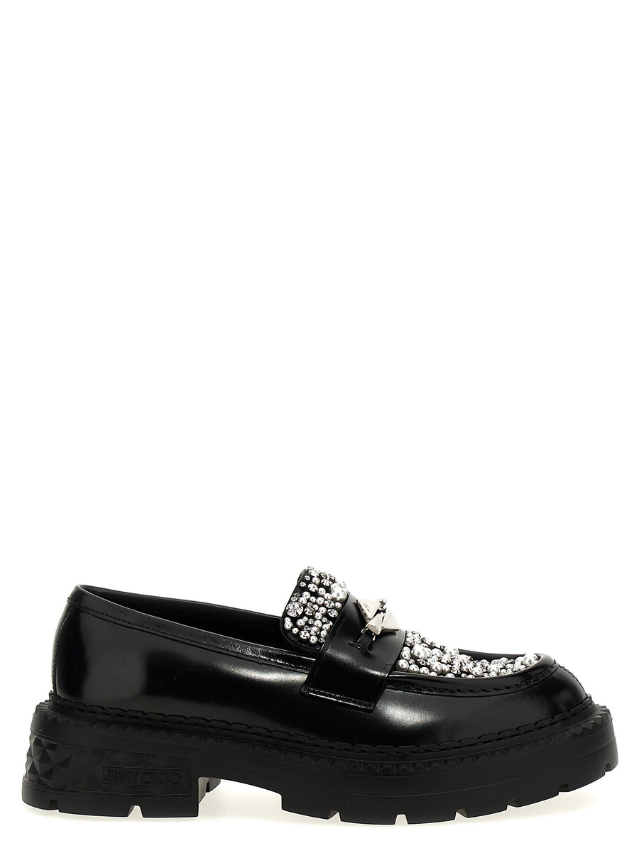Jimmy Choo Diamond-Embellished Leather Loafer — Black