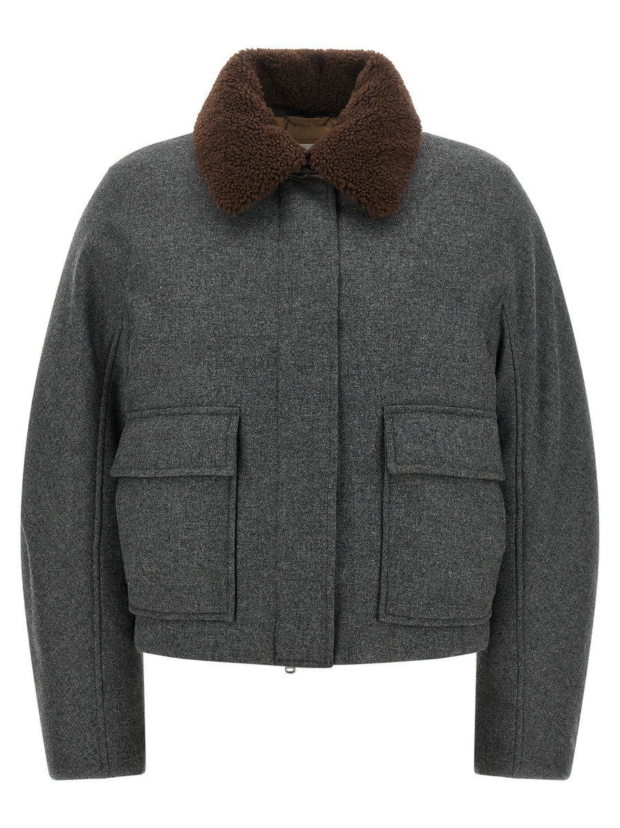 Brunello Cucinelli Shearling Collar Wool-Cashmere Jacket — Charcoal
