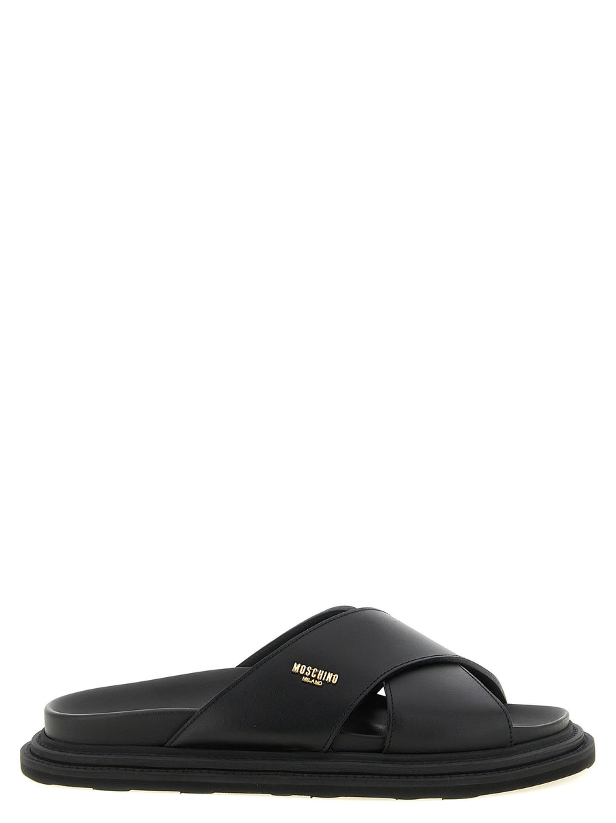 Moschino Calf Leather Crossed-Band Slide — Black