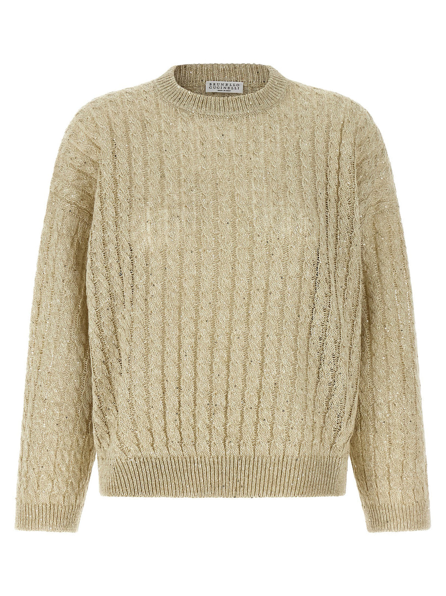 Brunello Cucinelli Cable-Knit Sequin Sweater — Beige