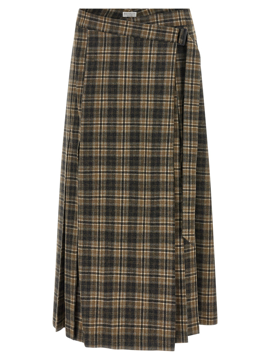 Brunello Cucinelli Tartan Wool Skirt — Brown