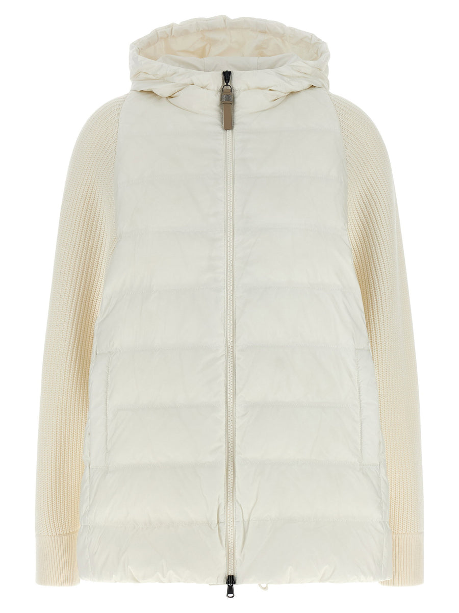 Brunello Cucinelli Quilted Nylon with Wool Sleeves Down Jacket — Cream