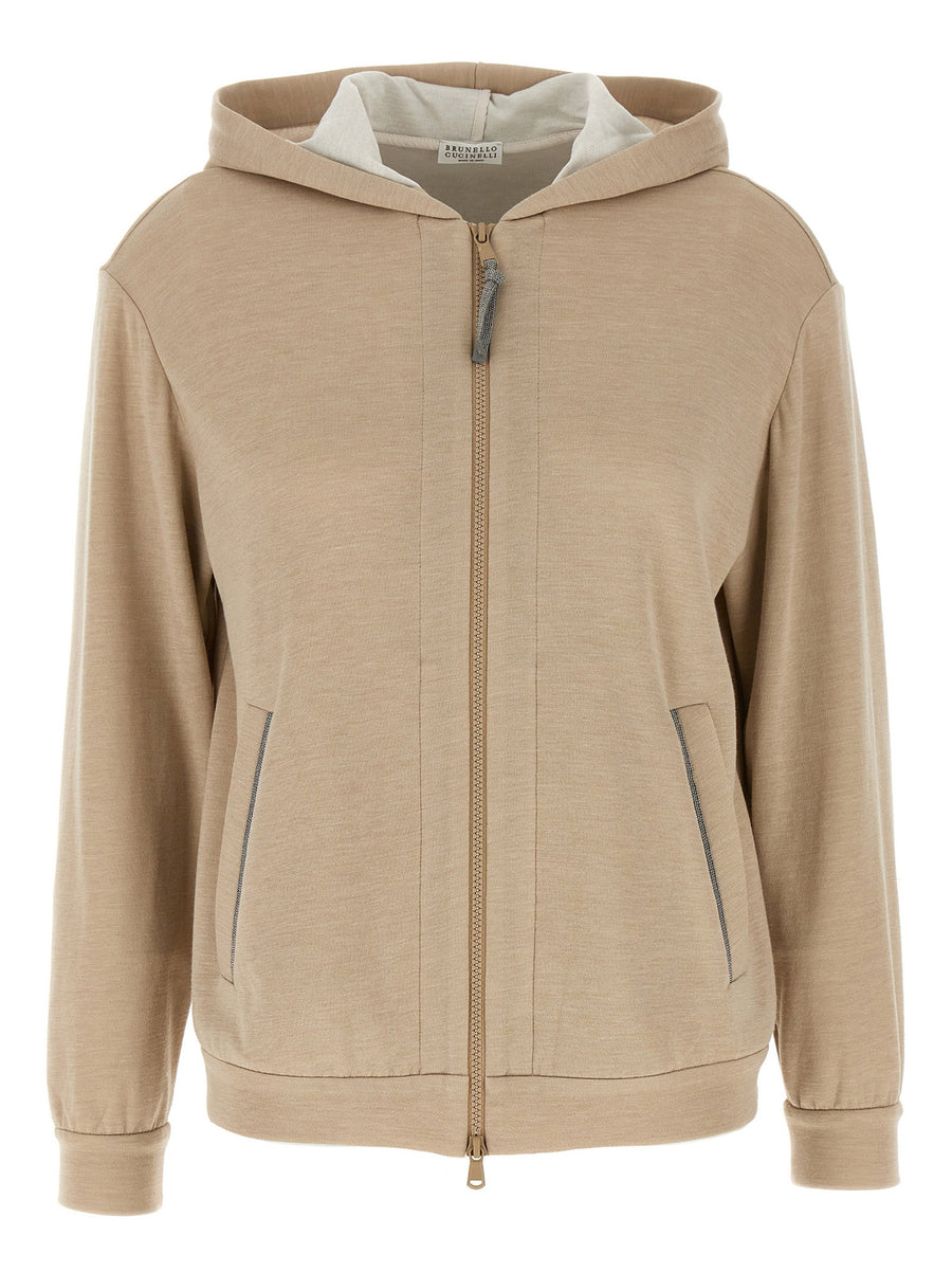 Brunello Cucinelli Precious Zipper Pull Hoodie — Beige