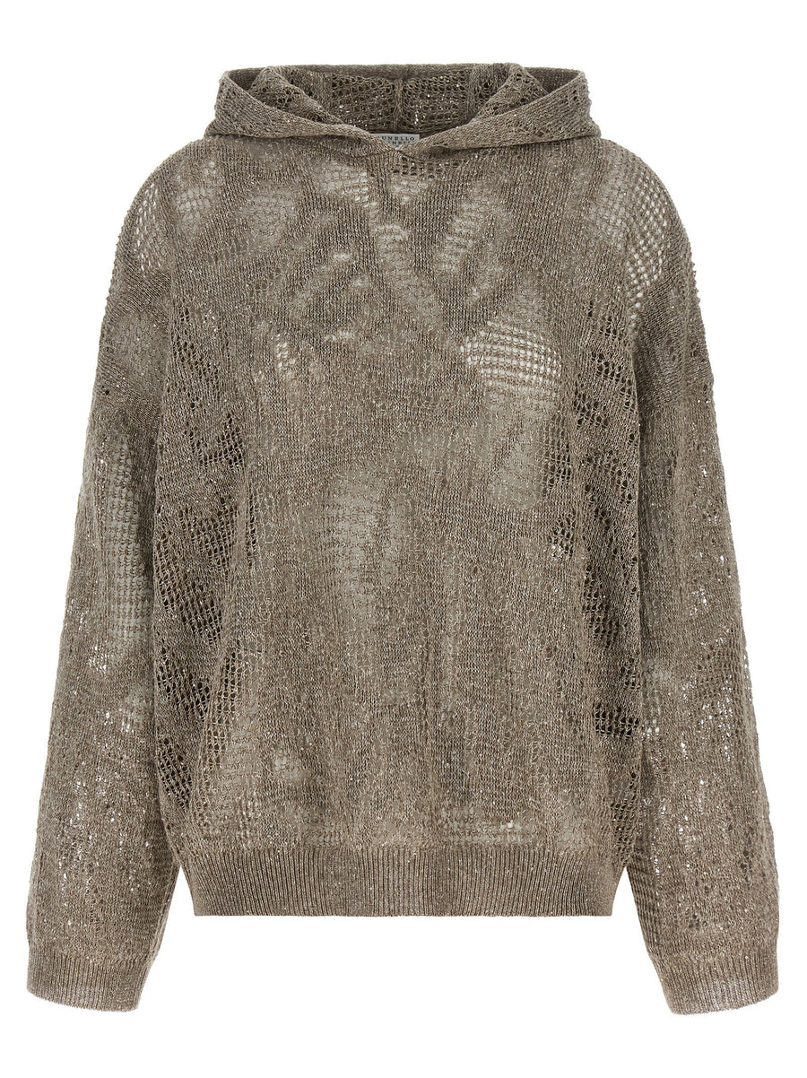 Brunello Cucinelli Openwork Linen-Cotton Hooded Sweater — Beige