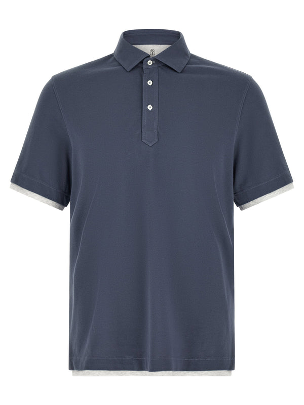 Brunello Cucinelli Cotton Piquet Double-Layer Piping Polo Shirt — Navy