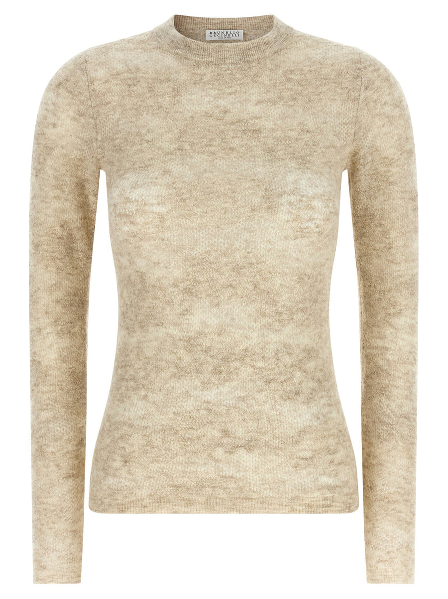 Brunello Cucinelli Perforated Silk and Alpaca Sweater — beige