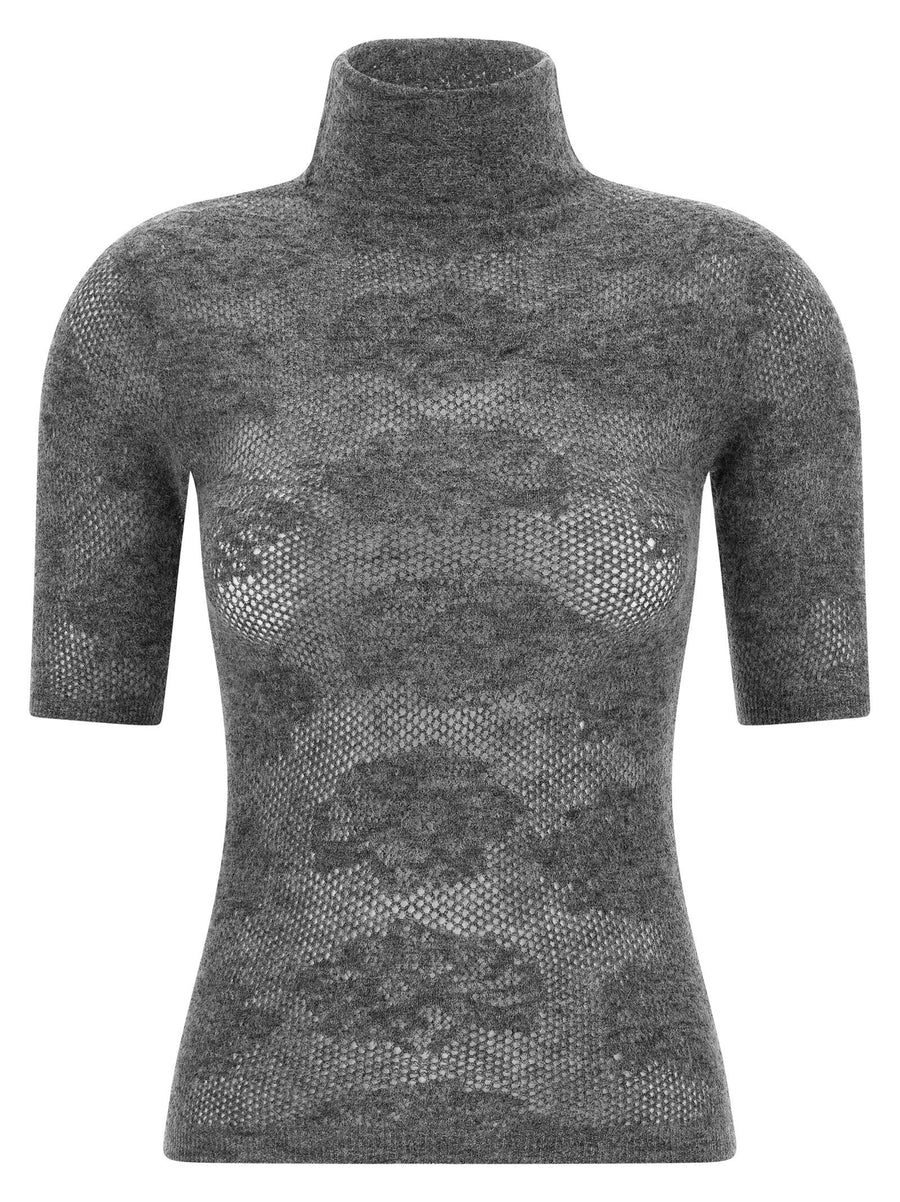 Brunello Cucinelli Openwork Turtleneck Sweater — Gray
