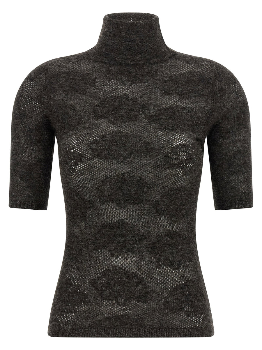 Brunello Cucinelli Openwork Turtleneck Sweater — Charcoal