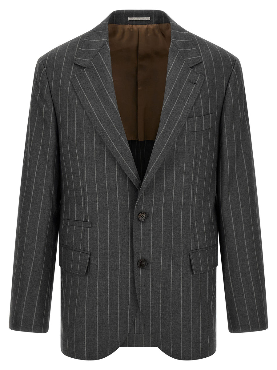Brunello Cucinelli Pinstriped Virgin Wool Blazer — charcoal