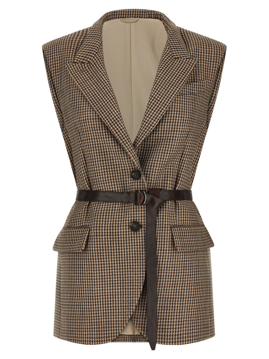 Brunello Cucinelli Houndstooth Virgin Wool Vest — Brown