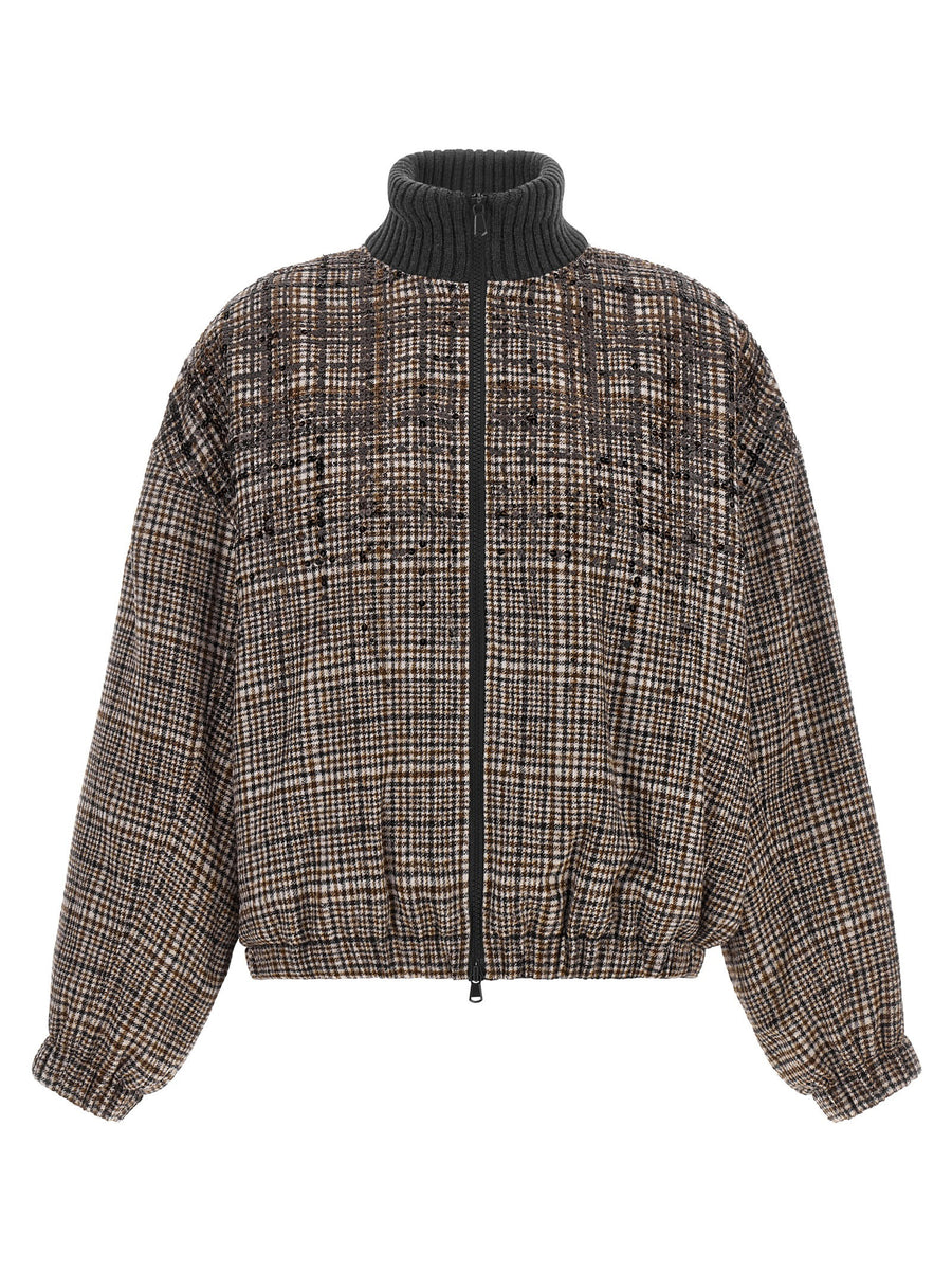 Brunello Cucinelli Sequin-Embellished Check Bomber Jacket — Brown