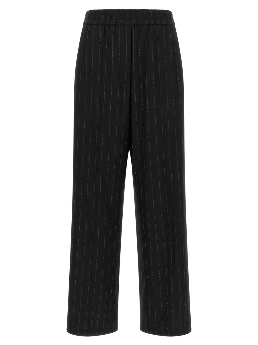 Brunello Cucinelli Micro-Sequin Pinstripe Trousers — Black