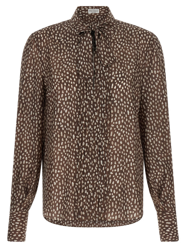 Brunello Cucinelli Lavallière Collar Silk Shirt — Brown