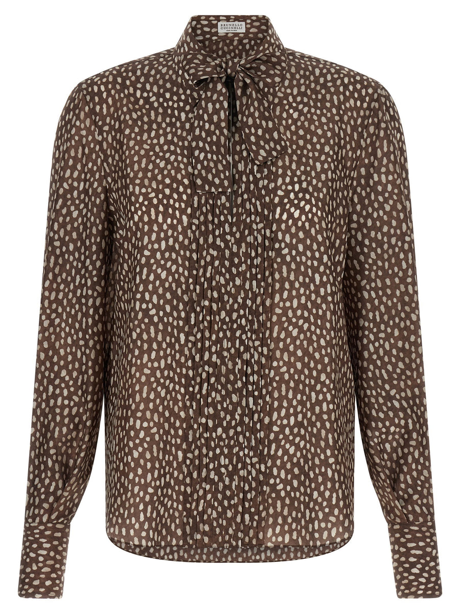 Brunello Cucinelli Lavallière Collar Silk Shirt — Brown