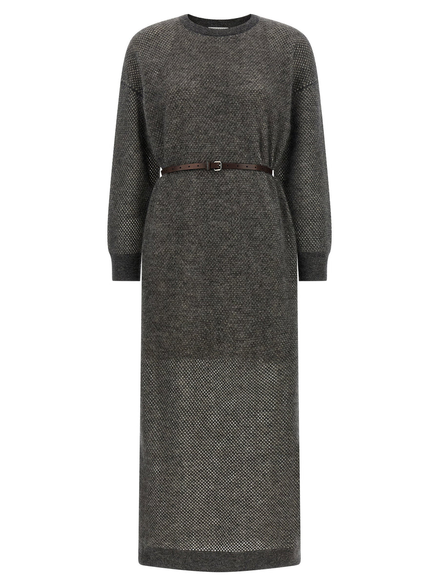 Brunello Cucinelli Lamé-Knit Mesh Dress — grey