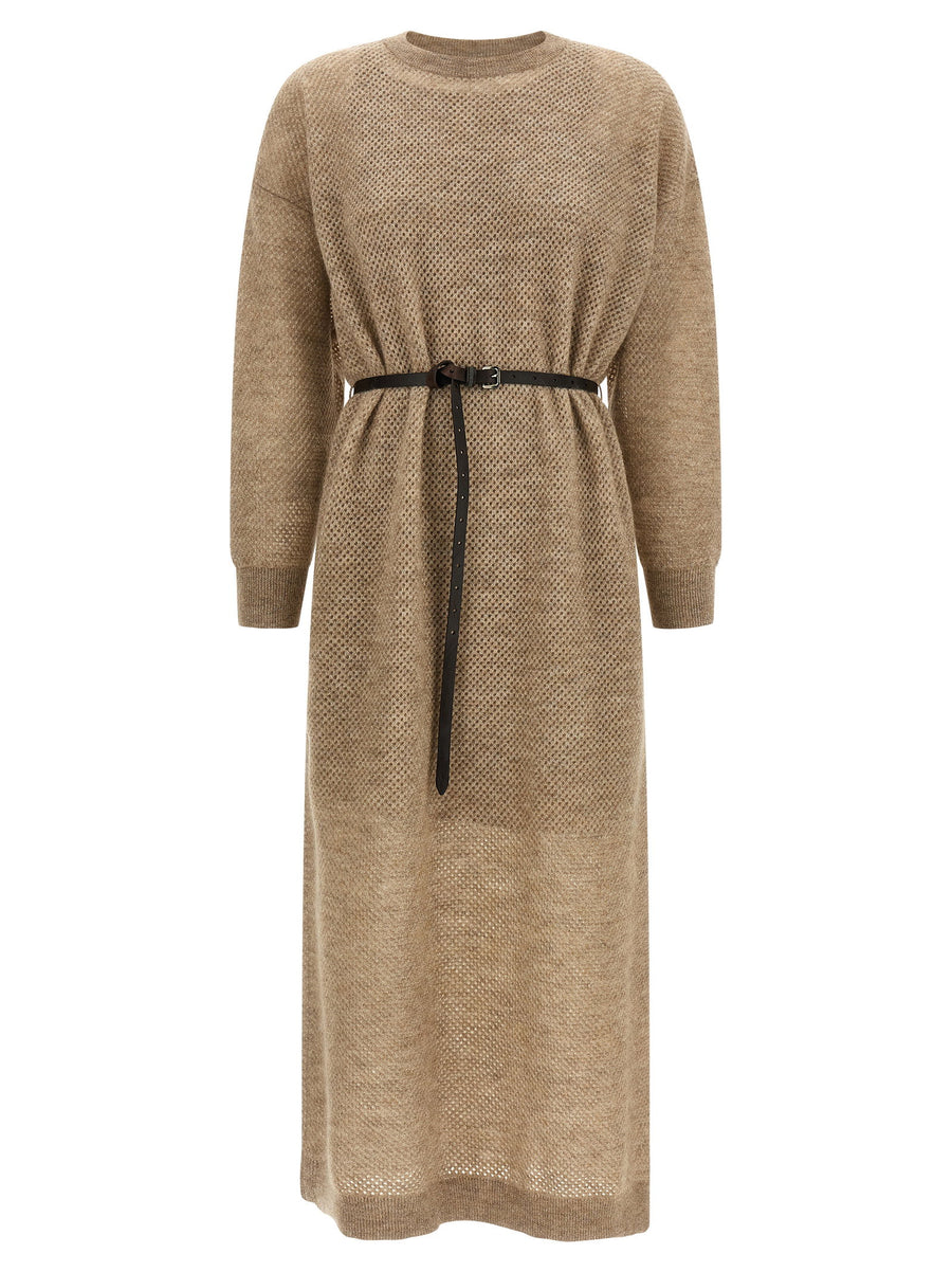 Brunello Cucinelli Sparkling Mohair-Wool Mesh Dress — beige