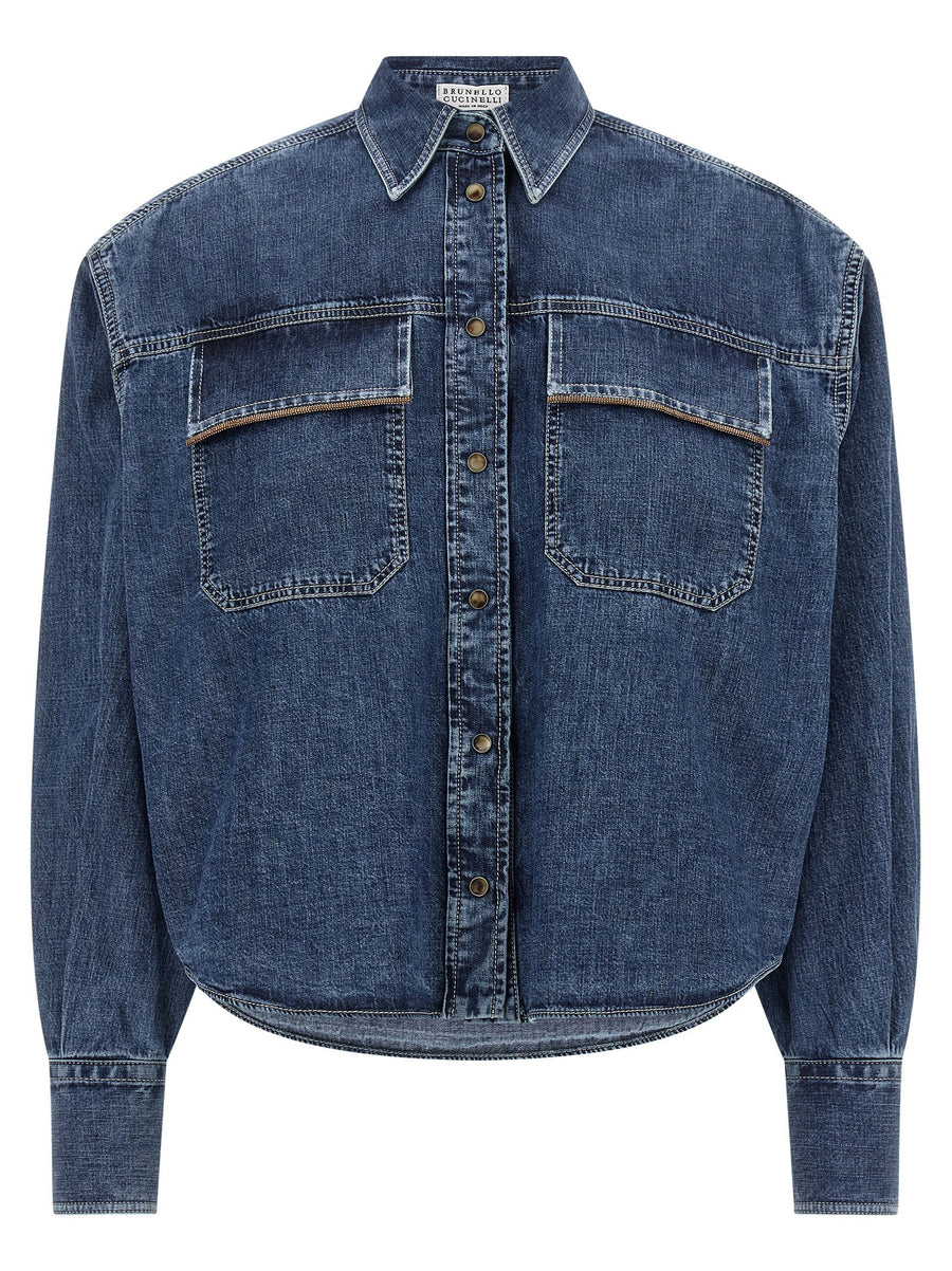 Brunello Cucinelli Denim with Metallic Pocket Detail Shirt — Blue