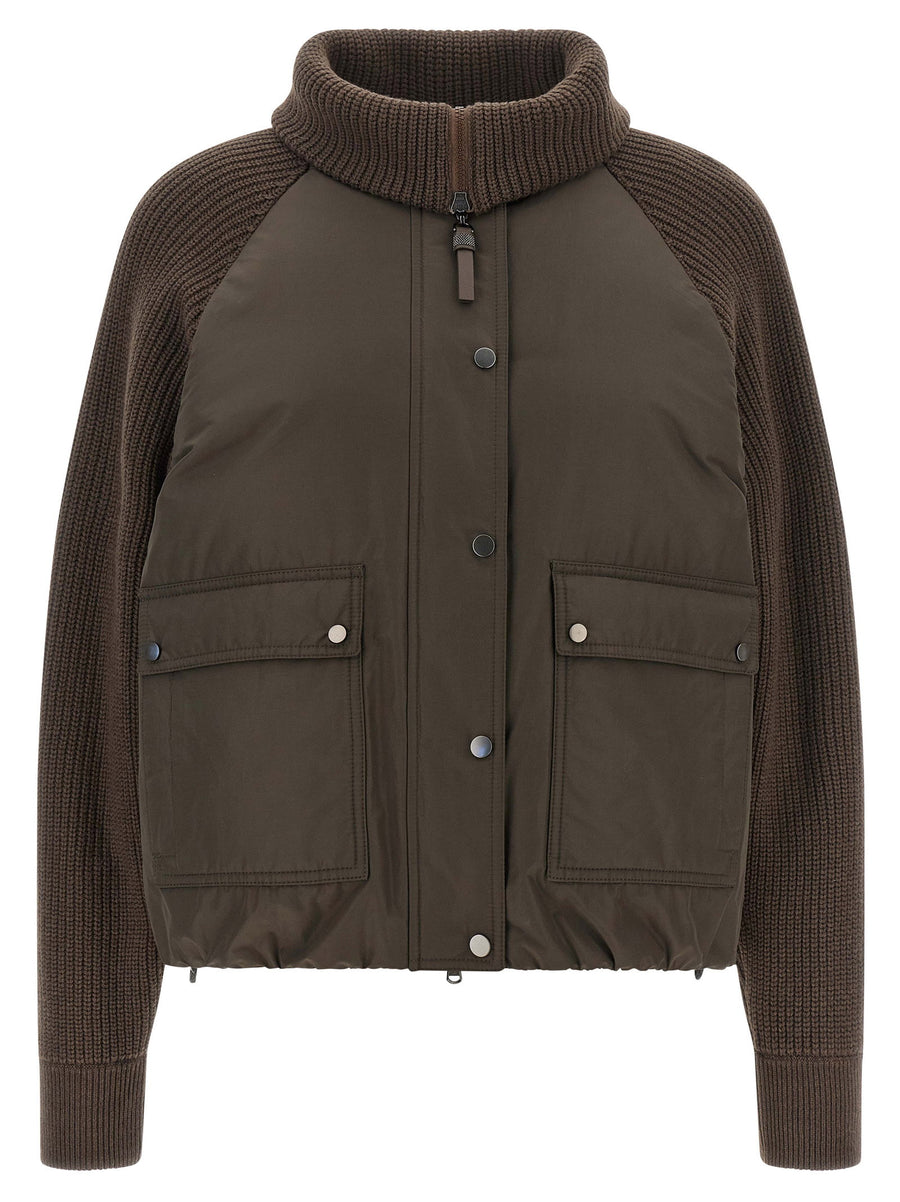 Brunello Cucinelli Knit Insert Down Jacket — Brown