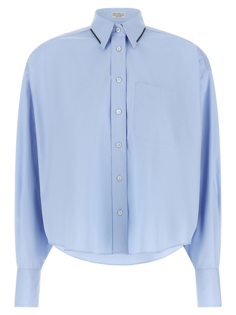 Brunello Cucinelli Shiny Trim Pointed Collar Shirt — Light Blue