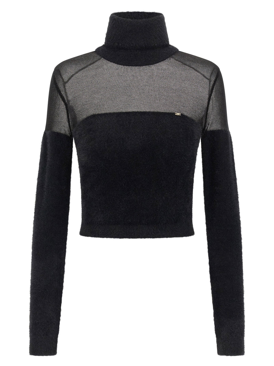 Elisabetta Franchi Brushed Knit with Gauze Insert Sweater — Black