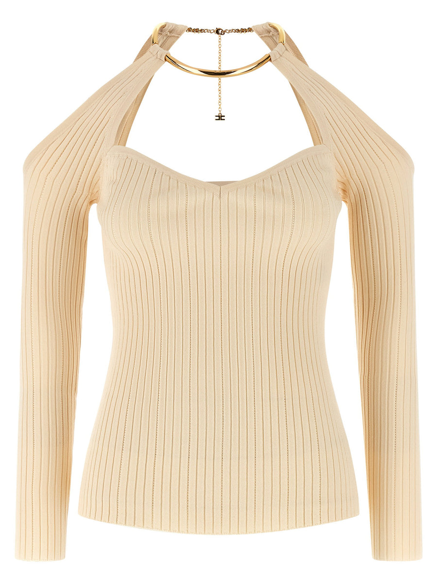 Elisabetta Franchi Necklace-Detailed Ribbed Sweater — Cream