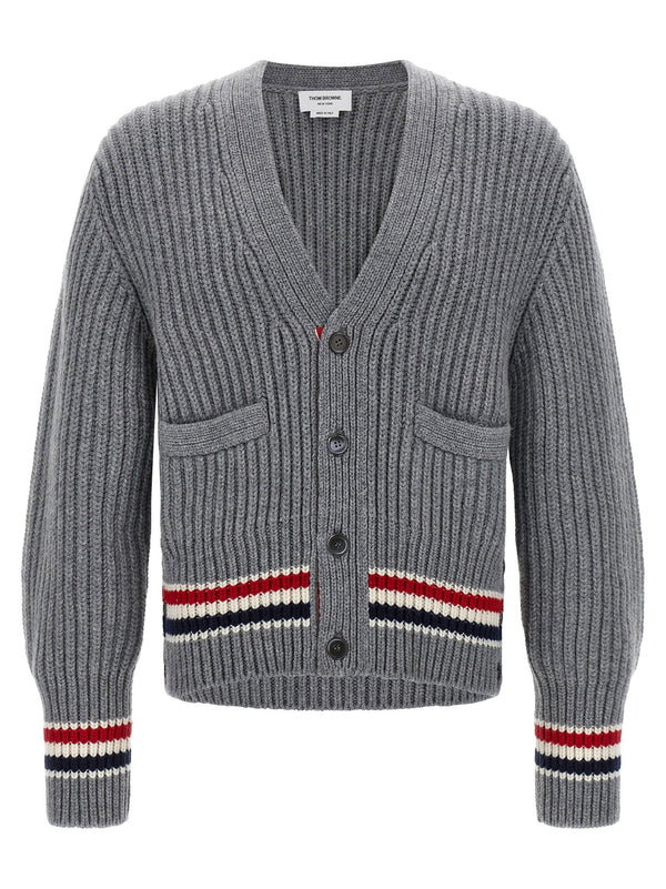 Thom Browne بلوزة محبوكة بضلوع مع خطوط كشمير RWB كارديغان — رمادي
