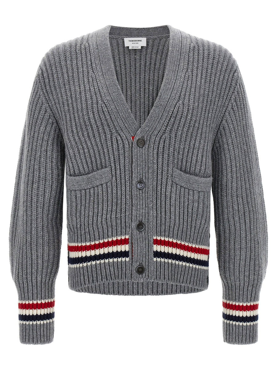 Thom Browne Ribbed Cashmere with RWB Stripe Cardigan — Grey