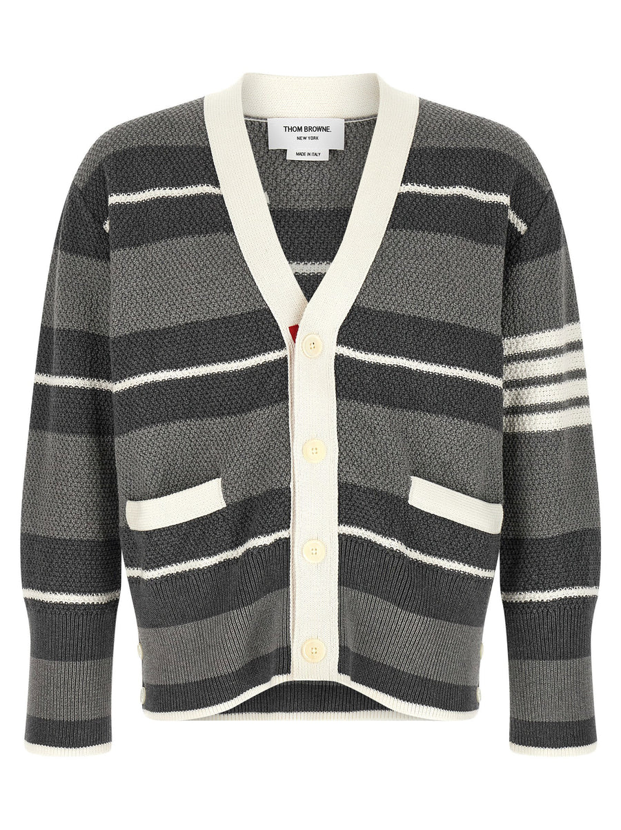 Thom Browne Striped Heavy Cotton Cardigan — Grey