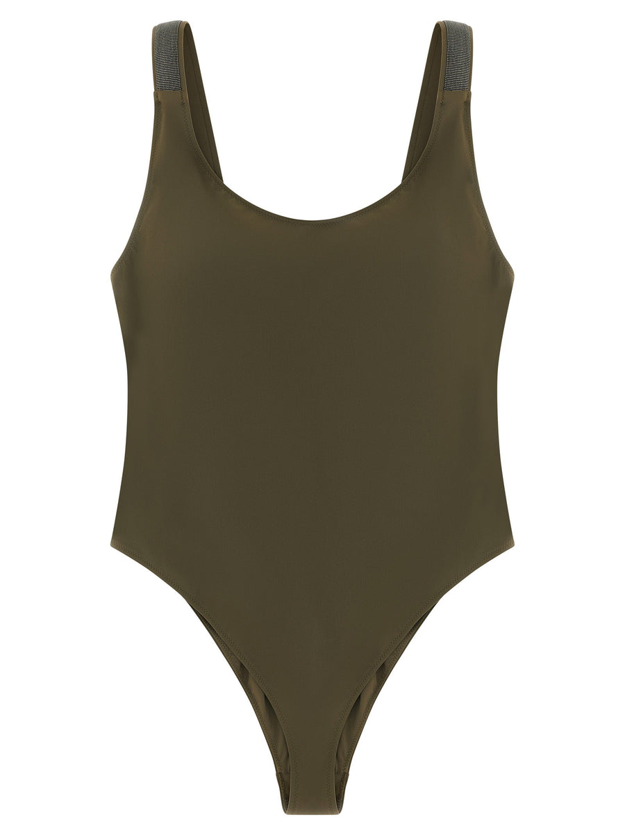 Brunello Cucinelli Monile Precious Details One-Piece Swimsuit — Olive