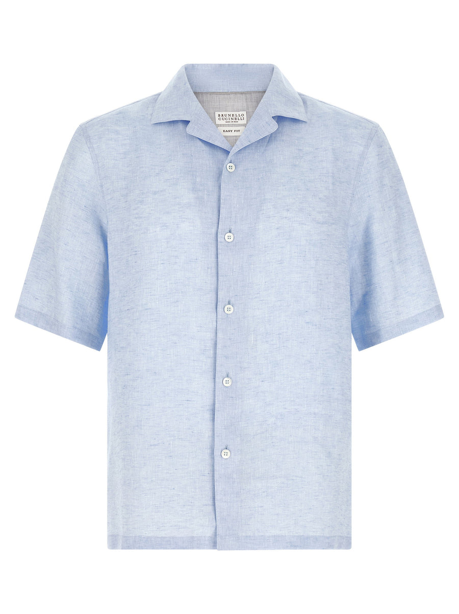 Brunello Cucinelli Linen Camp Collar Shirt — Light Blue
