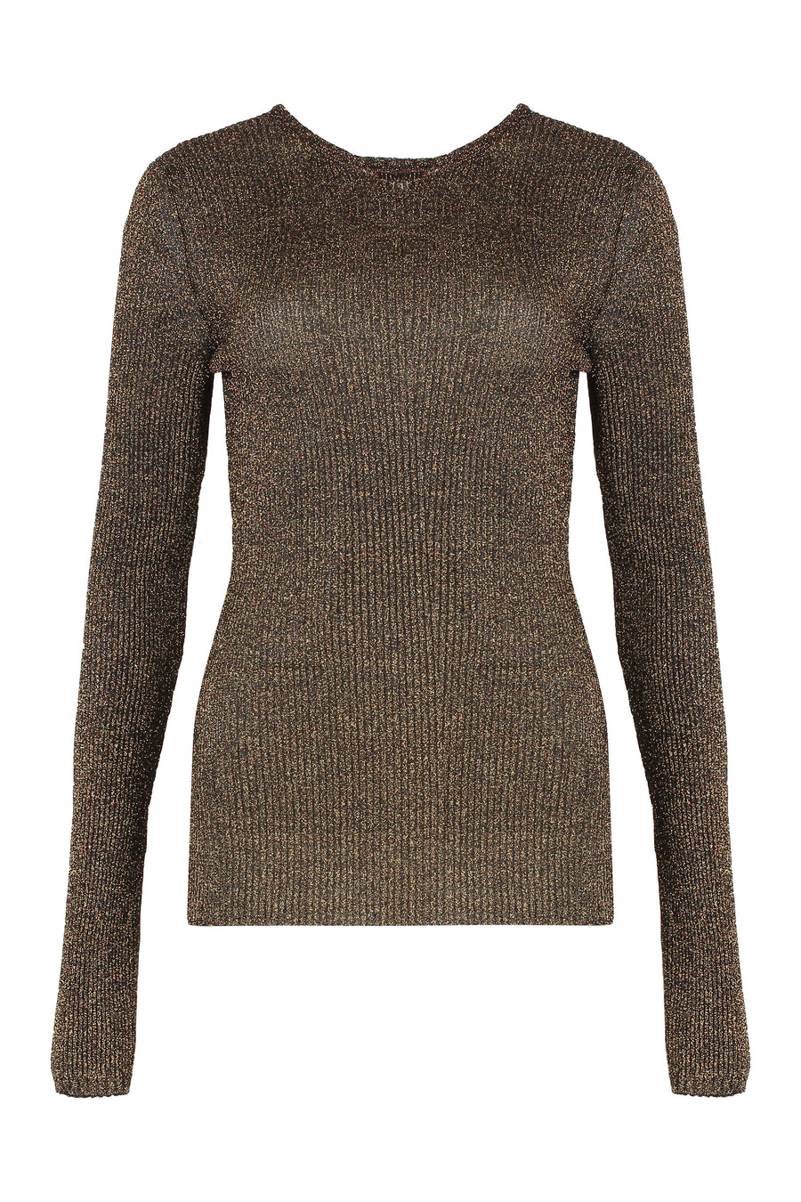 Round-Neck Lamé Sweater Tobacco Viscose Tops