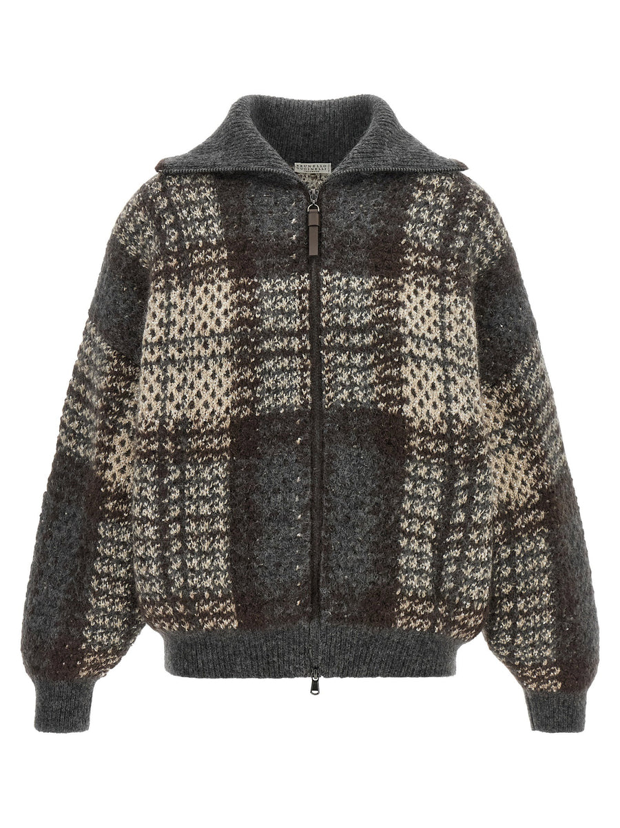 Brunello Cucinelli Tartan Sequin-Embellished Cardigan — Charcoal